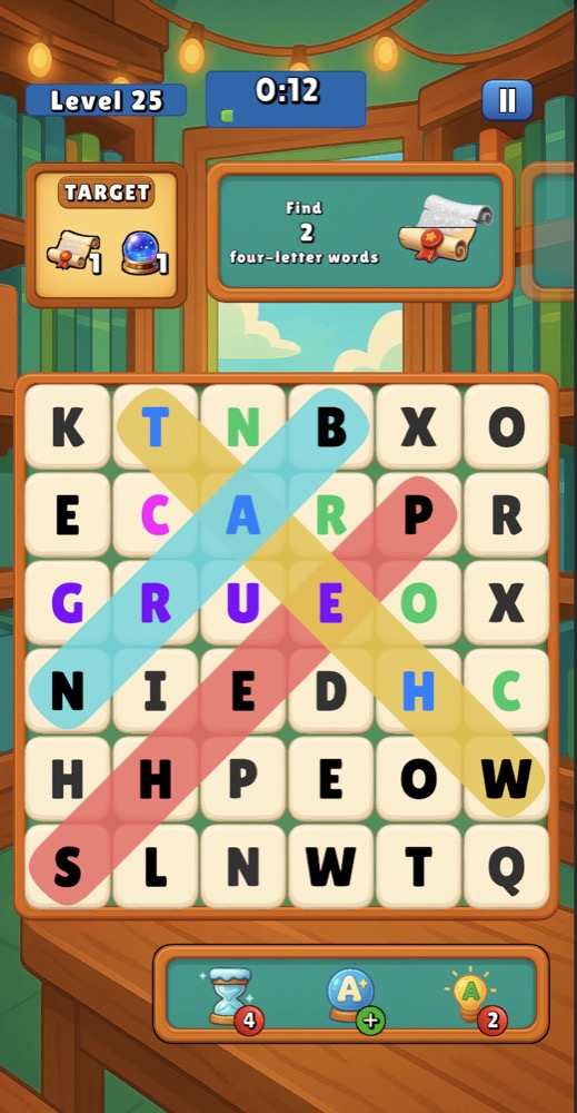 Word Search and Chill gameplay with colourful paths across a letter grid